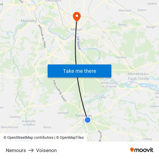 Nemours to Voisenon map