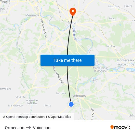 Ormesson to Voisenon map