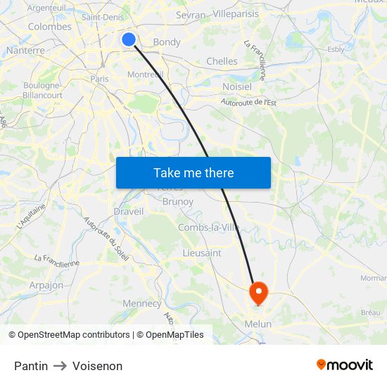 Pantin to Voisenon map