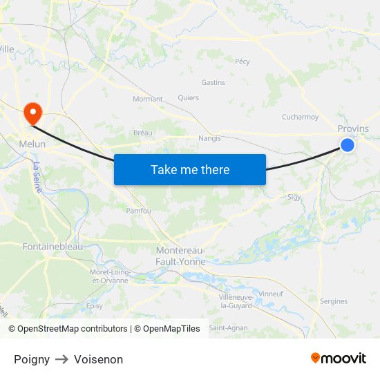 Poigny to Voisenon map