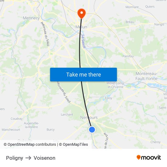 Poligny to Voisenon map