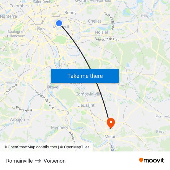 Romainville to Voisenon map