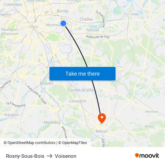 Rosny-Sous-Bois to Voisenon map
