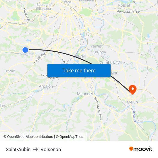 Saint-Aubin to Voisenon map