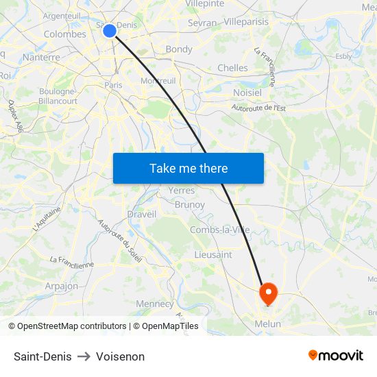 Saint-Denis to Voisenon map