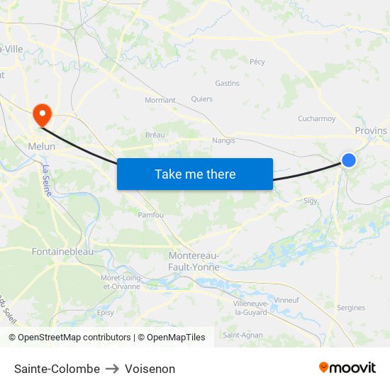 Sainte-Colombe to Voisenon map