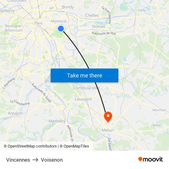 Vincennes to Voisenon map