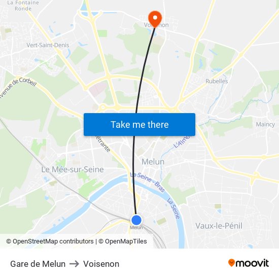 Gare de Melun to Voisenon map