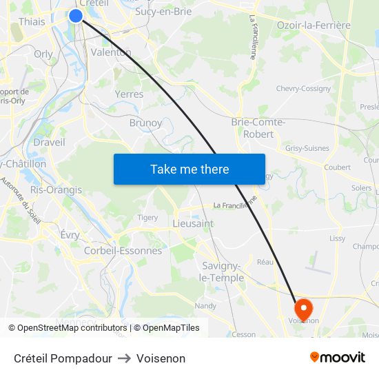 Créteil Pompadour to Voisenon map