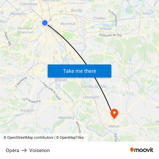 Opéra to Voisenon map