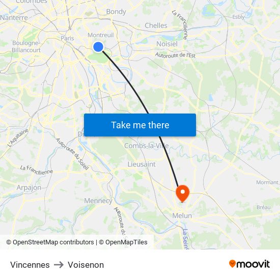 Vincennes to Voisenon map