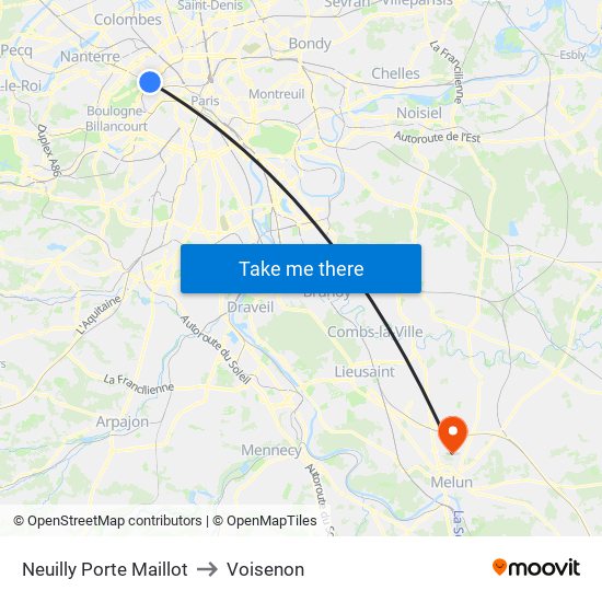 Neuilly Porte Maillot to Voisenon map