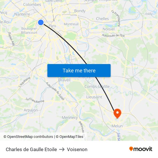 Charles de Gaulle Etoile to Voisenon map