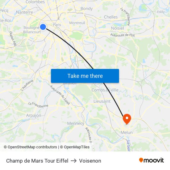 Champ de Mars Tour Eiffel to Voisenon map