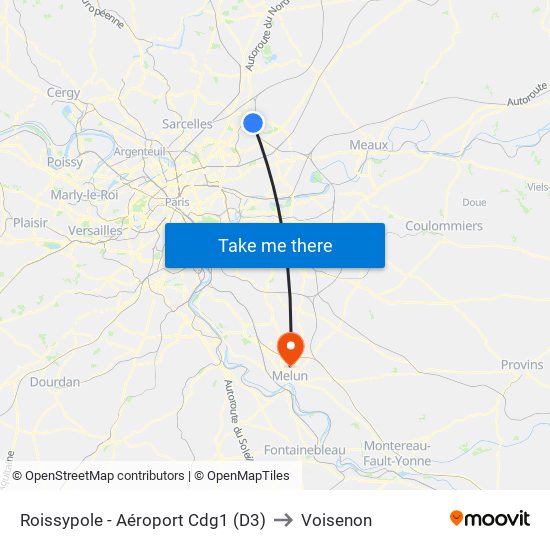 Roissypole - Aéroport Cdg1 (D3) to Voisenon map