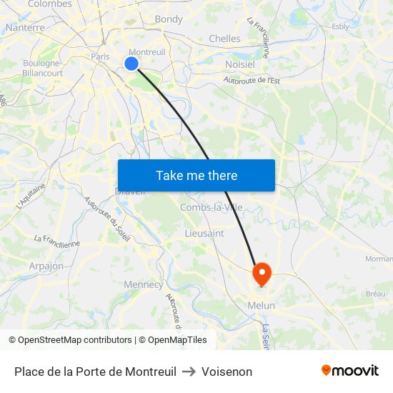 Place de la Porte de Montreuil to Voisenon map