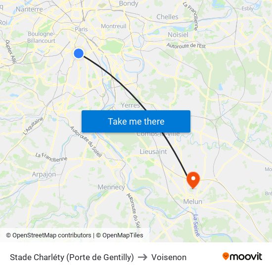 Stade Charléty (Porte de Gentilly) to Voisenon map