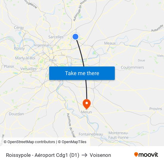 Roissypole - Aéroport Cdg1 (D1) to Voisenon map