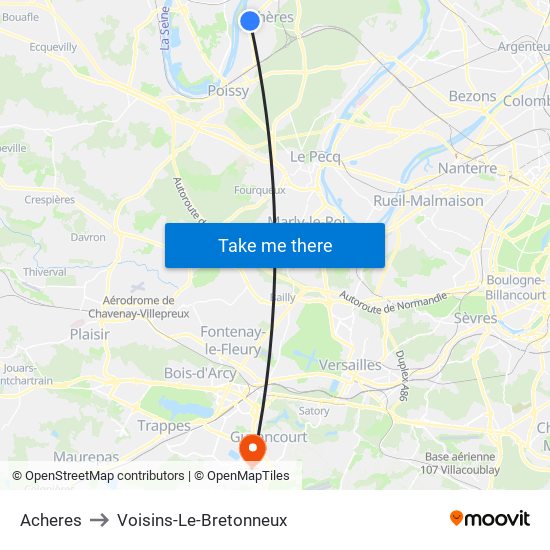 Acheres to Voisins-Le-Bretonneux map