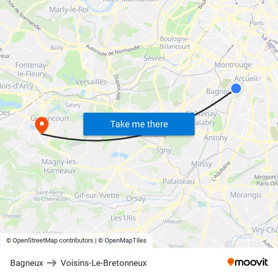 Bagneux to Voisins-Le-Bretonneux map