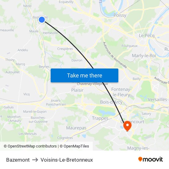 Bazemont to Voisins-Le-Bretonneux map