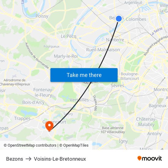 Bezons to Voisins-Le-Bretonneux map