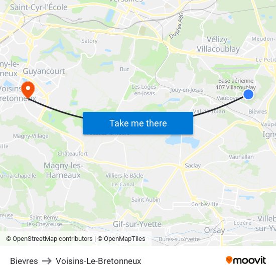 Bievres to Voisins-Le-Bretonneux map