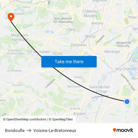 Bondoufle to Voisins-Le-Bretonneux map