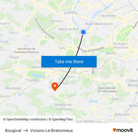 Bougival to Voisins-Le-Bretonneux map