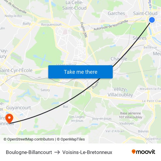 Boulogne-Billancourt to Voisins-Le-Bretonneux map
