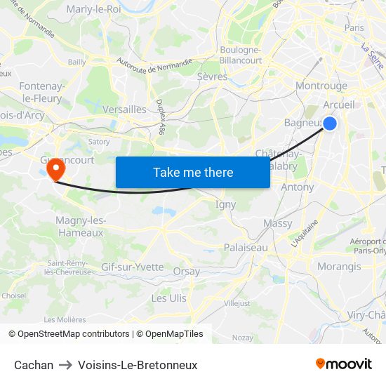 Cachan to Voisins-Le-Bretonneux map