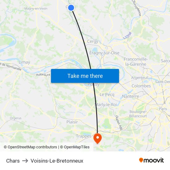 Chars to Voisins-Le-Bretonneux map