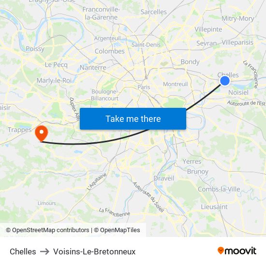 Chelles to Voisins-Le-Bretonneux map