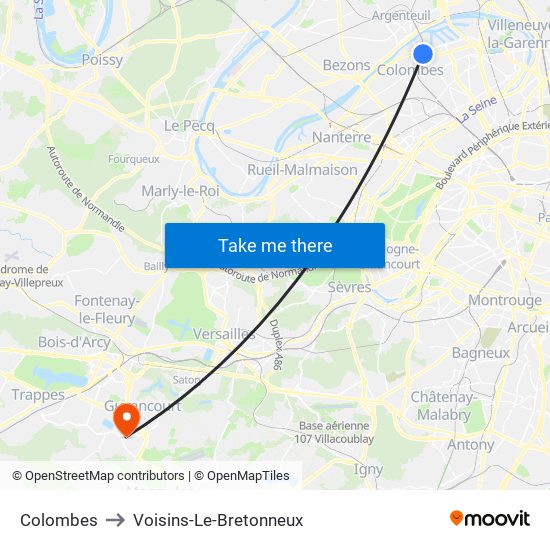 Colombes to Voisins-Le-Bretonneux map