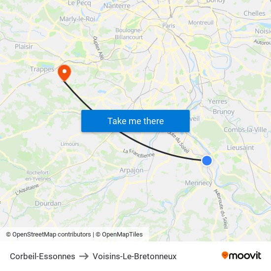 Corbeil-Essonnes to Voisins-Le-Bretonneux map