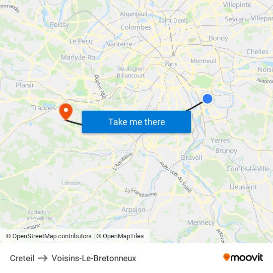 Creteil to Voisins-Le-Bretonneux map