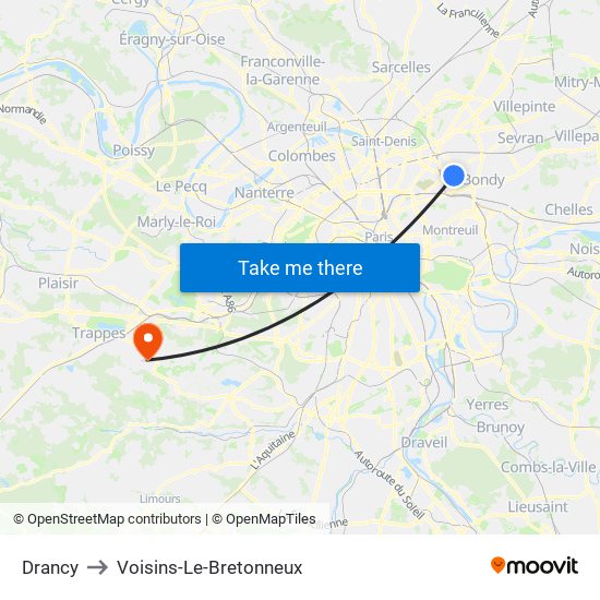 Drancy to Voisins-Le-Bretonneux map