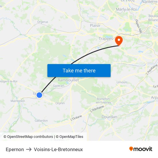 Epernon to Voisins-Le-Bretonneux map