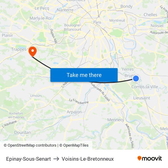 Epinay-Sous-Senart to Voisins-Le-Bretonneux map