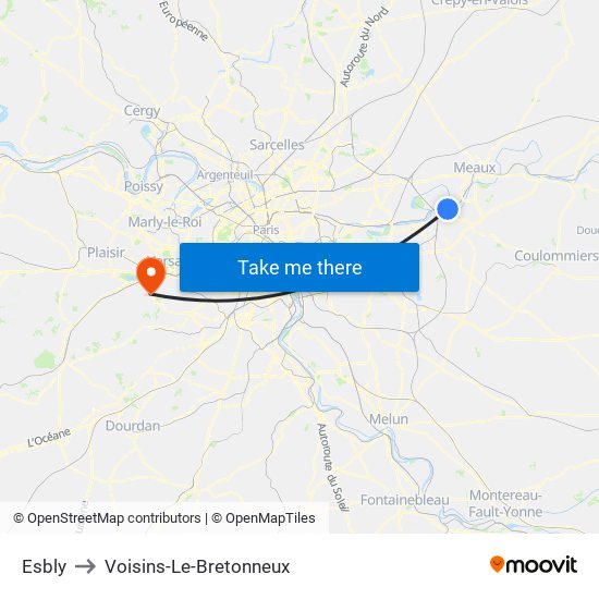 Esbly to Voisins-Le-Bretonneux map