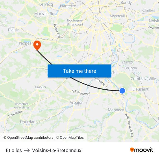 Etiolles to Voisins-Le-Bretonneux map