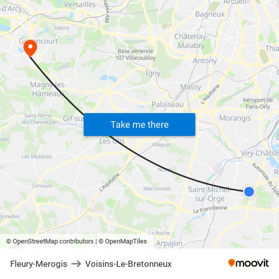 Fleury-Merogis to Voisins-Le-Bretonneux map