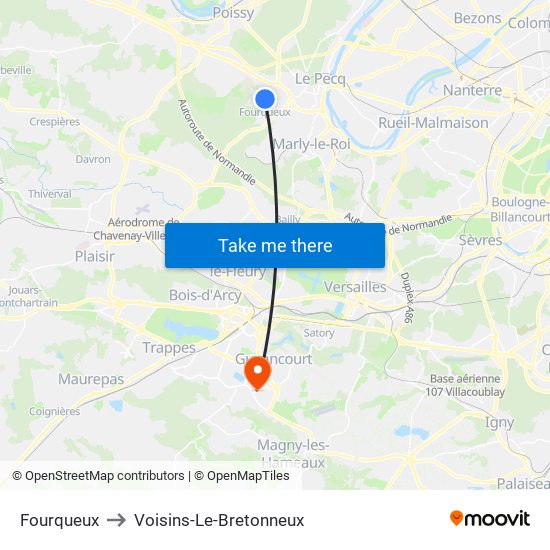 Fourqueux to Voisins-Le-Bretonneux map
