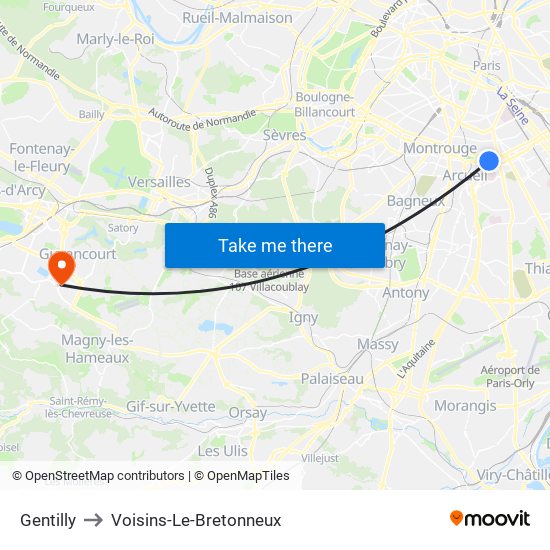 Gentilly to Voisins-Le-Bretonneux map