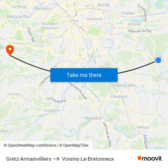 Gretz-Armainvilliers to Voisins-Le-Bretonneux map