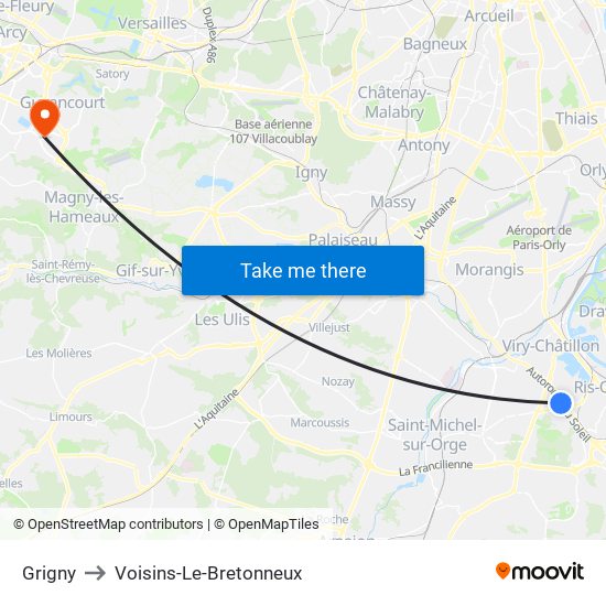 Grigny to Voisins-Le-Bretonneux map