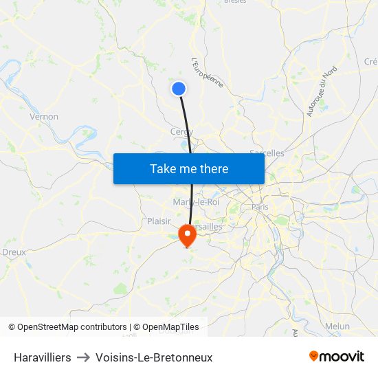 Haravilliers to Voisins-Le-Bretonneux map