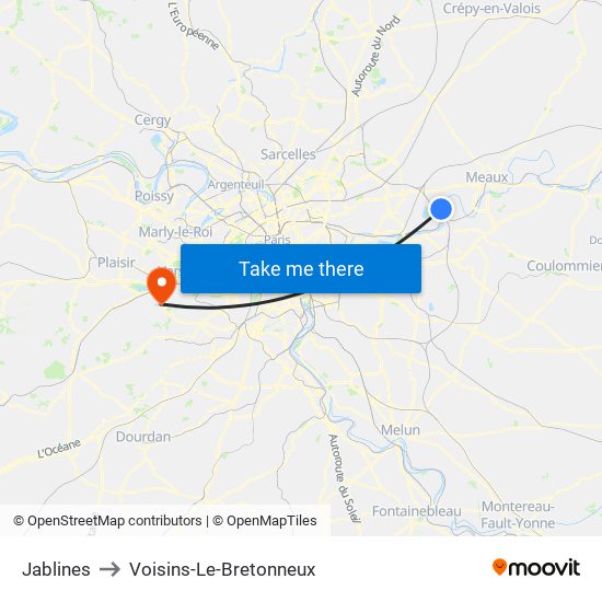 Jablines to Voisins-Le-Bretonneux map
