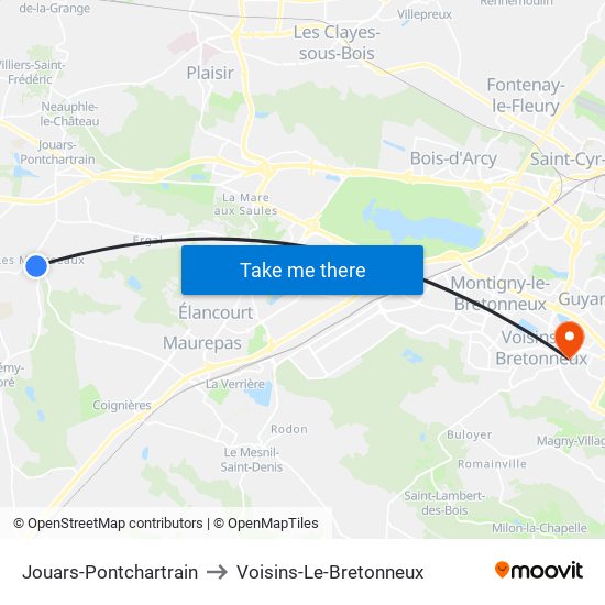 Jouars-Pontchartrain to Voisins-Le-Bretonneux map