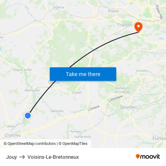 Jouy to Voisins-Le-Bretonneux map